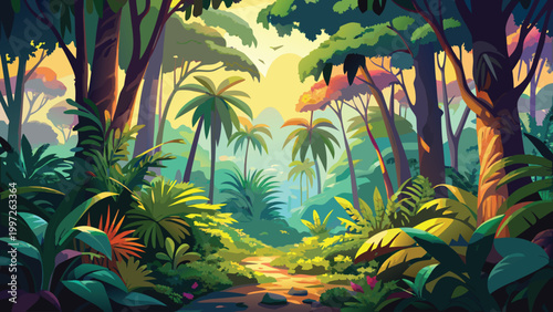 Beautiful tropical rainforest landscape with vibrant green palm trees and sunlight shining through the lush jungle foliage Vector