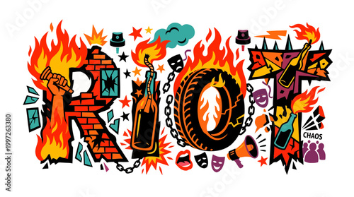 Explosive word art depicts chaos and destruction with fiery elements and protest symbols.