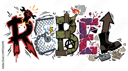 Rebel word art with symbols of defiance, protest, and rebellion.
