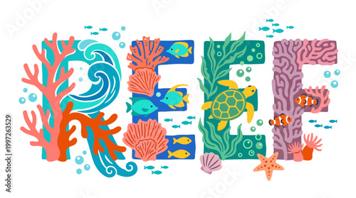 Vibrant underwater reef scene spelling out the word REEF with marine life