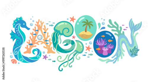 Vibrant underwater scene with playful marine life and coral.