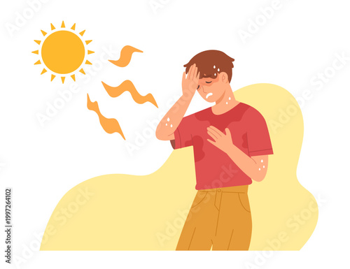 Man sweating in hot weather under bright sun. Man feeling exhausted from heatwave. Concept of summer high temperature, heat fatigue, dehydration, global warming, heat stroke. Flat vector illustration.