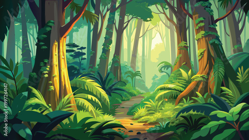 Beautiful lush green forest landscape with bright sunlight shining through the trees on a peaceful summer day in nature Vector