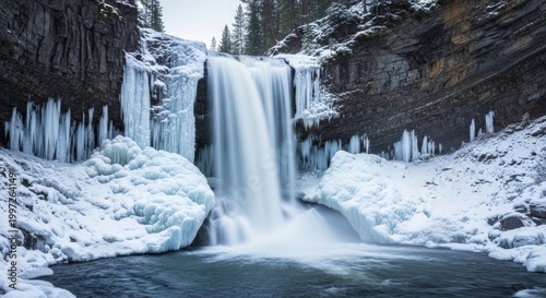 Frozen Waterfall Cascade in Winter Landscape