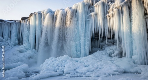 Frozen Waterfall with Icicle Formations in Winter