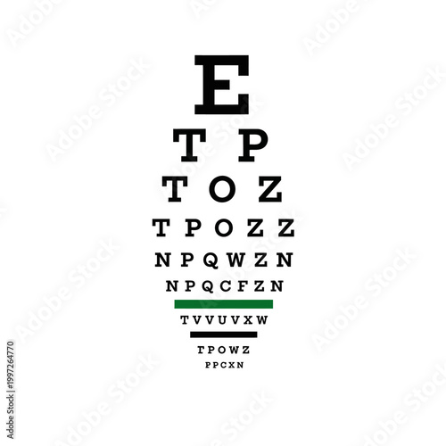 Eye chart with letters for vision test on white background.