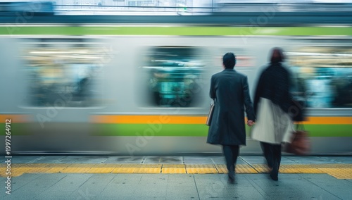 Two people waiting for a fast moving train at a station platform.