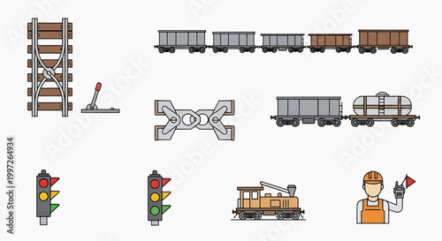 A worker operates railway infrastructure with trains and signals nearby outdoors during daytime.