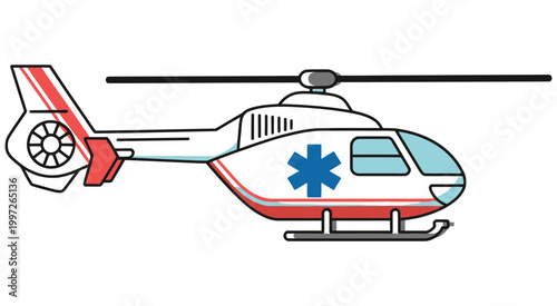 medical helicopter illustration with red accents and blue cross symbol, emergency medical air transport helicopter, hospital rescue service, healthcare aviation, critical care evacuation concept 