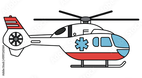 medical helicopter illustration with red accents and blue cross symbol, emergency medical air transport helicopter, hospital rescue service, healthcare aviation, critical care evacuation concept 