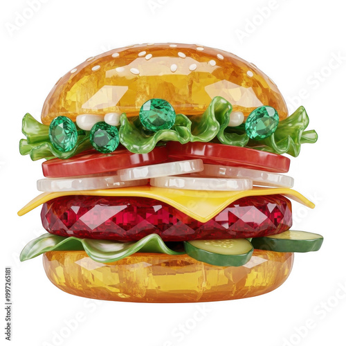 Delicious cartoon cheeseburger with fresh lettuce and tomato on sesame bun isolated on transparent background