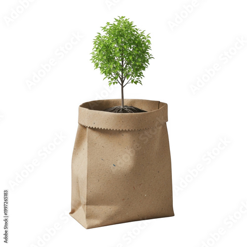 Small green tree growing in a brown paper bag isolated on transparent background