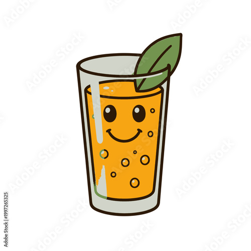 Cute Smiling Orange Juice Glass Icon with Leaf Garnish, Isolated Transparent Background Vector Illustration for Food Beverage Branding and App Interface
