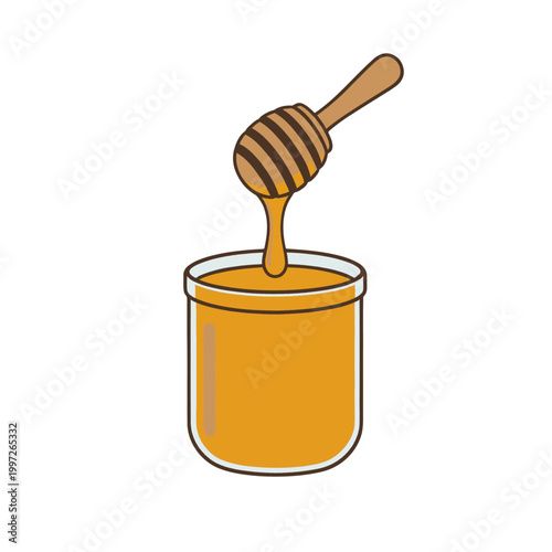 Honey Dipper Dripping Golden Honey From Jar, Isolated Vector Illustration for Food Packaging and Natural Sweetener Design