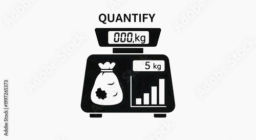 The illustration depicts a scale with a money bag on it showing a weight of 5 kg.