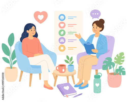 Mental Health Counseling Session with Therapist and Self Care Wellness Plan Flat Vector Illustration