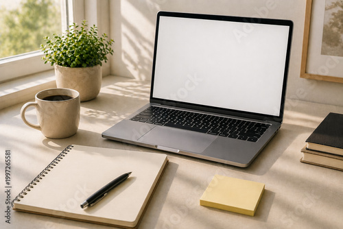 Minimalist home office desk with laptop, coffee cup and notebook, blank screen, soft natural window light, clean workspace, remote work and productivity concept.
