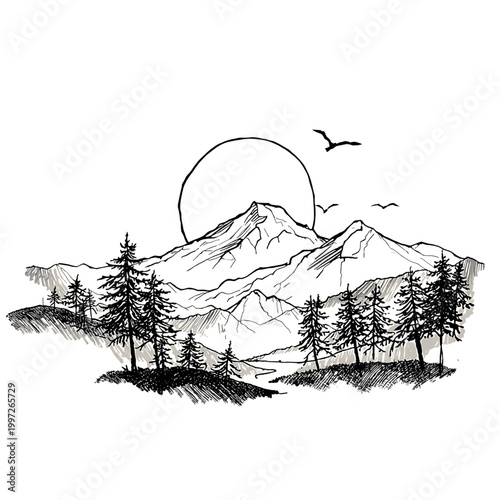 Silhouette of a tree in a peaceful landscape with birds flying in the morning sky