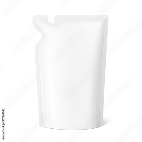 Pouch bag with torn curve corner mockup. Vector illustration isolated on white background. Can be use for refilling soap, liquids. The corner is easy to tear off by hand. EPS10.