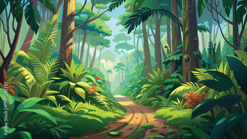 Beautiful tropical rainforest landscape with a dirt path winding through lush green plants and tall trees in the wild Vector