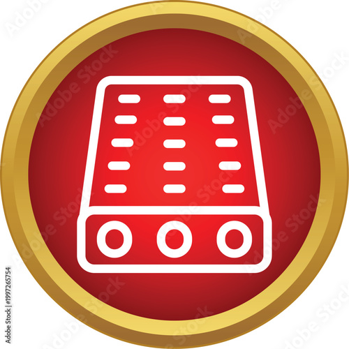 Studio sound mixer console with buttons and faders on a red background