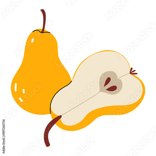 Fresh yellow pear fruit with a cross-section slice showing seeds.