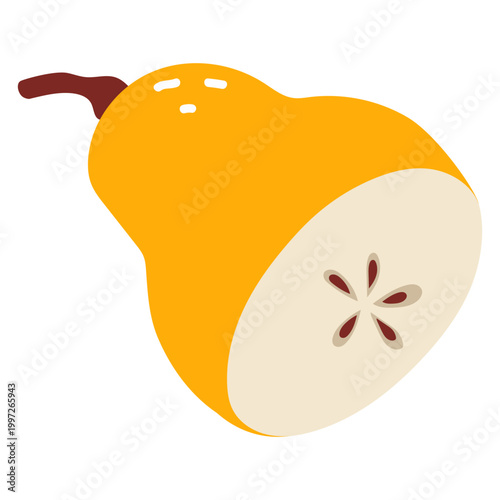 Vertical slice of a yellow pear with visible seeds and core