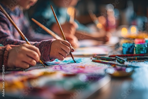 Children Engaged in Creative Art Class Painting with Watercolors.