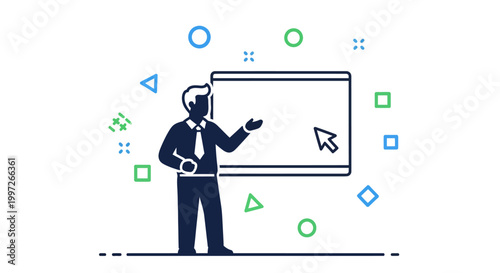 Businessman presenting on whiteboard with mouse.