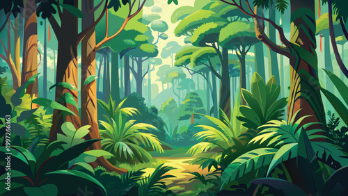 Beautiful lush green tropical rainforest landscape with sunlight shining through the dense trees and vibrant jungle plants Vector