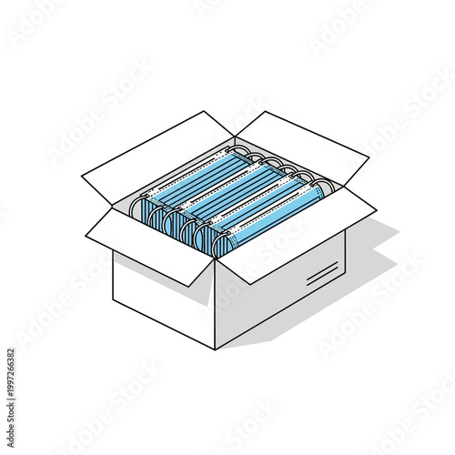 Box of blue medical face masks ready for use and distribution.