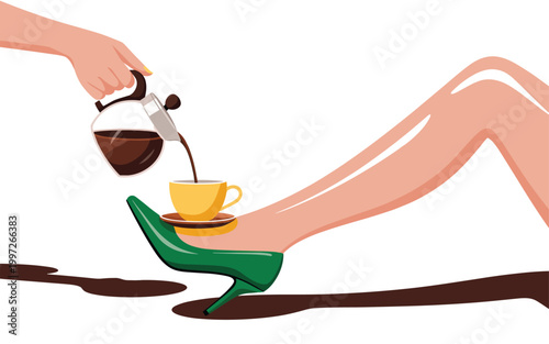 A person pours coffee into a cup on their hand which is wearing a high heel shoe.