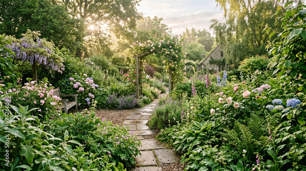 Fototapeta premium serene garden pathway with stone steps and lush greenery