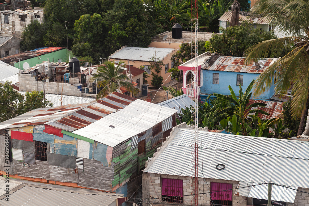 Fototapeta premium Aerial urban view of Barrio district of Santo Domingo on a daytime, Dominican Republic