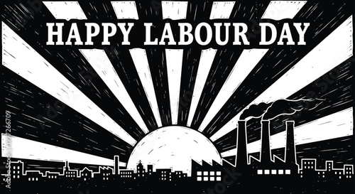 A black and white vector graphic illustration of a Labour Day design with a city skyline and sunburst