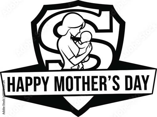 A black and white vector graphic illustration of a mother and child for Mother's Day