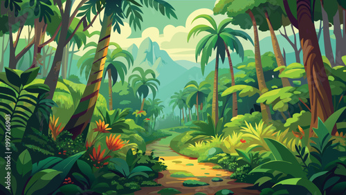 Beautiful tropical jungle landscape with palm trees and a dirt path winding through lush green plants in the rainforest Vector