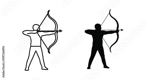 Archer drawing a bow depicted in both line art and striking silhouette