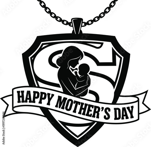 A black and white vector graphic illustration of a Mother's Day necklace pendant