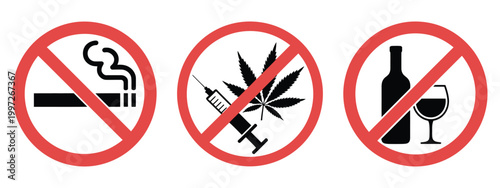 sign prohibition vector illustration showing forbidden drugs, no smoking, no vaping and no alcohol in red crossed circle, safety warning symbol for public areas restricted zones and signage design.