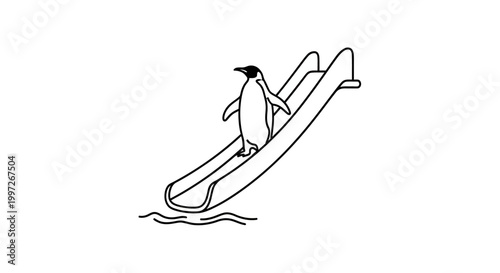Playful Penguin Enjoying a Slide into the Water, Simple Illustration.