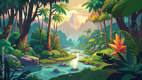 Beautiful tropical rainforest landscape with a flowing river and lush green trees under a soft golden sunset sky scenery Vector