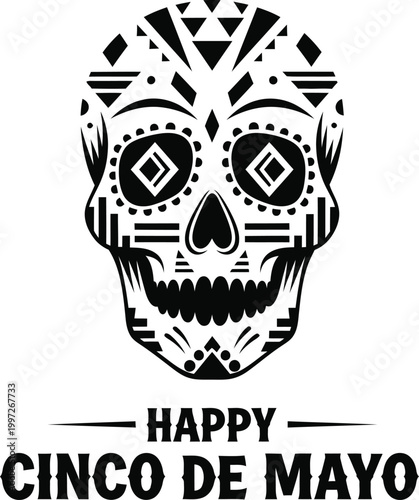 A black and white vector graphic illustration of a sugar skull with Happy Cinco de Mayo text