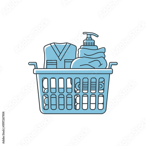 Laundry basket filled with clean clothes, soap, and towels, ready to be washed.