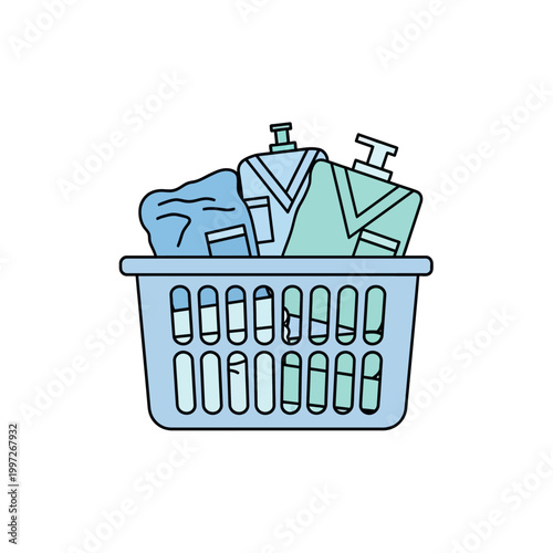 Laundry basket filled with detergent bottles and clean clothes, ready for washing.