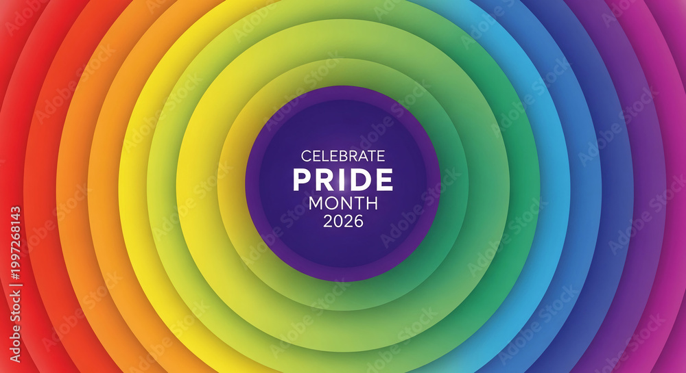 Fototapeta premium Gradient concentric circle background, with rainbow colors. It represents inclusivity, celebration and Pride Month. Text space in center