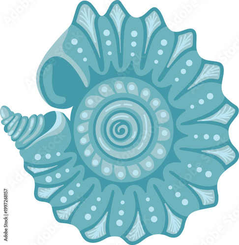 Light blue spiral seashell with decorative ridges detailed marine shell isolated