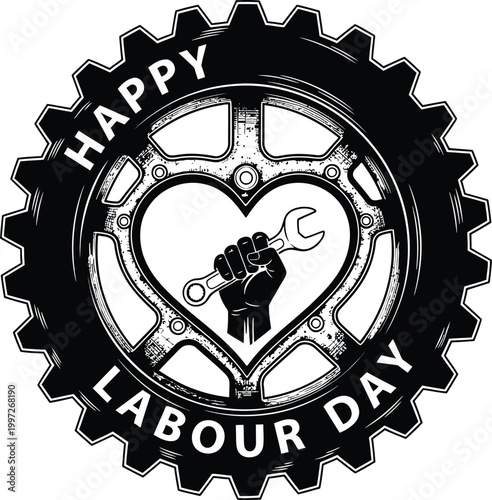 A Labour Day icon featuring a heart-shaped gear with a raised fist and wrench, surrounded by a cog and text.