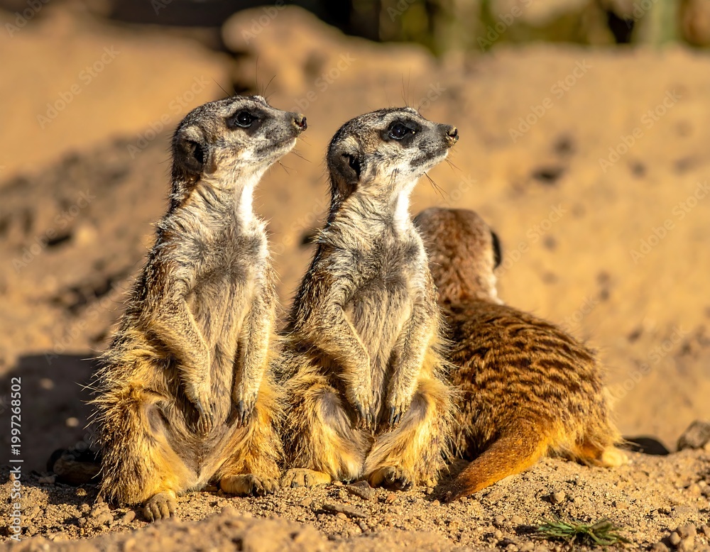Fototapeta premium Two meerkats standing on sandy ground.