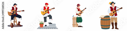 Photography Set of four flat vector illustrations featuring men in traditional folk costumes playing acoustic guitars in various poses and settings